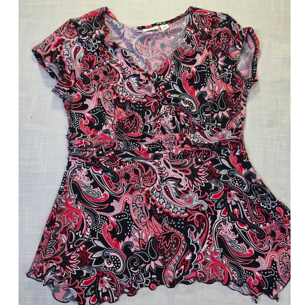Cato Red Black Paisley Empire Waist Surplice V-Neck Top Medium